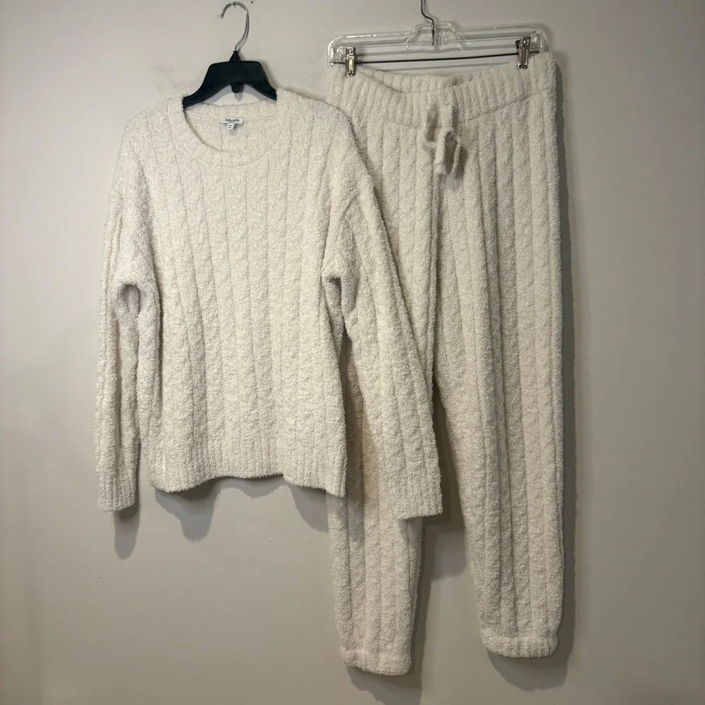 Splendid Lounge Set Womens M Cream Ribbed Eyelash Knit Sweater Joggers Cottage‎
